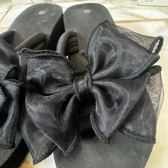 Y2K Black Wedge Heel Thong Sandals Mesh Bow Size 39EU, 8.5-9 US Retro Throw Back - Picture 4 of 10